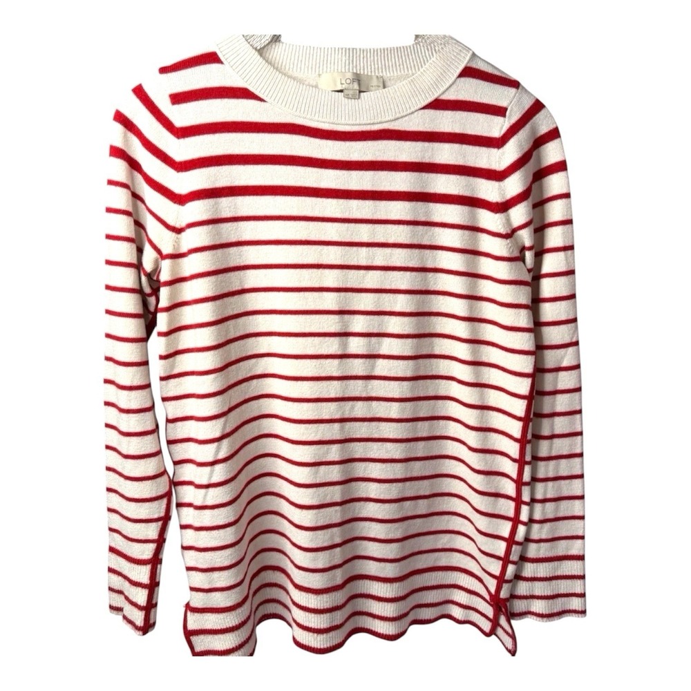 Loft Women's Petite Medium (PM) Red White‎ Striped Sweater Long Sleeve Pullover